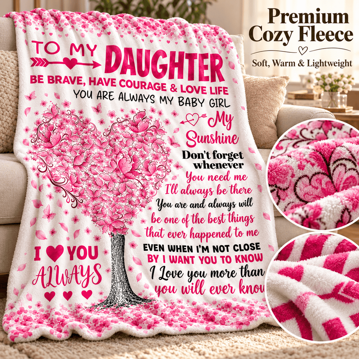 To My Daughter You'll Always Be My Baby Girl Blanket – Pink Heart Tree Cozy Plush Fleece Gift from Mom or Dad