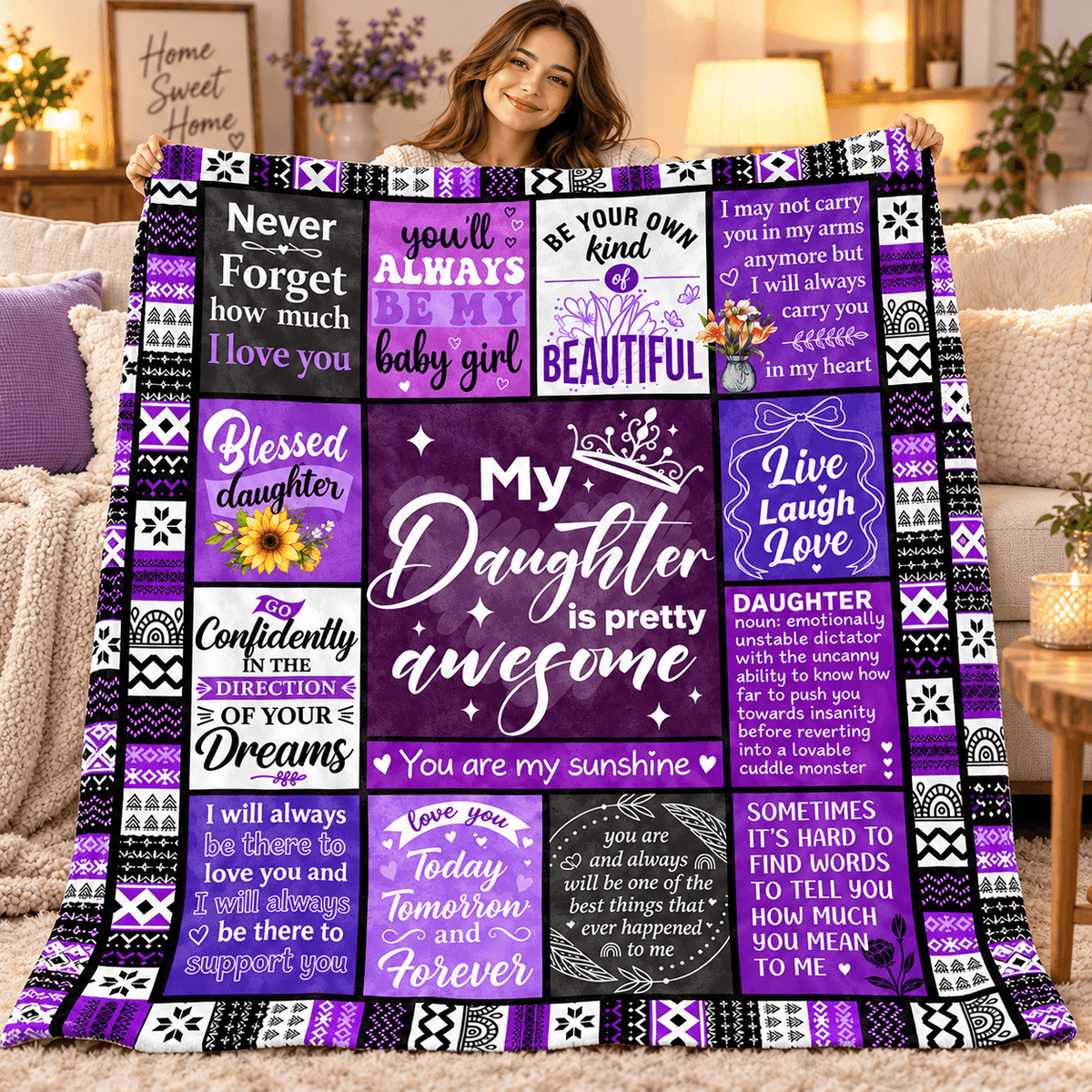 To My Daughter You're Pretty Awesome Blanket – Purple Patchwork Cozy Plush Fleece Gift from Mom or Dad