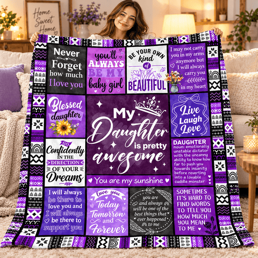 To My Daughter You're Pretty Awesome Blanket – Purple Patchwork Cozy Plush Fleece Gift from Mom or Dad