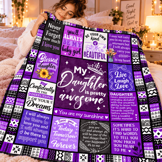 To My Daughter You're Pretty Awesome Blanket – Purple Patchwork Cozy Plush Fleece Gift from Mom or Dad
