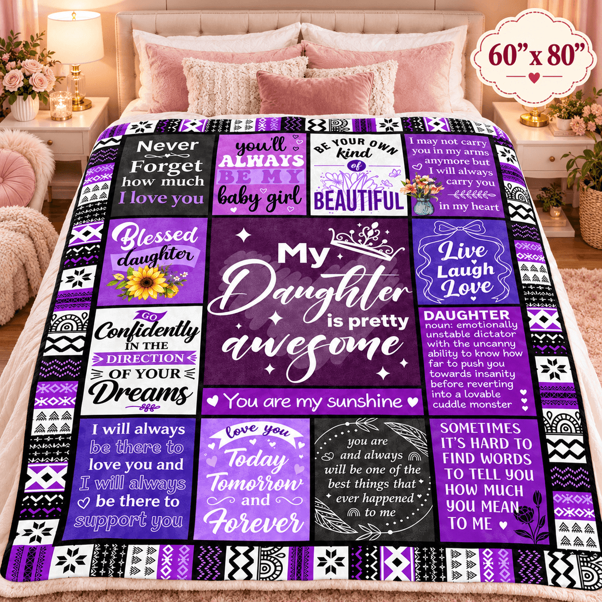 To My Daughter You're Pretty Awesome Blanket – Purple Patchwork Cozy Plush Fleece Gift from Mom or Dad