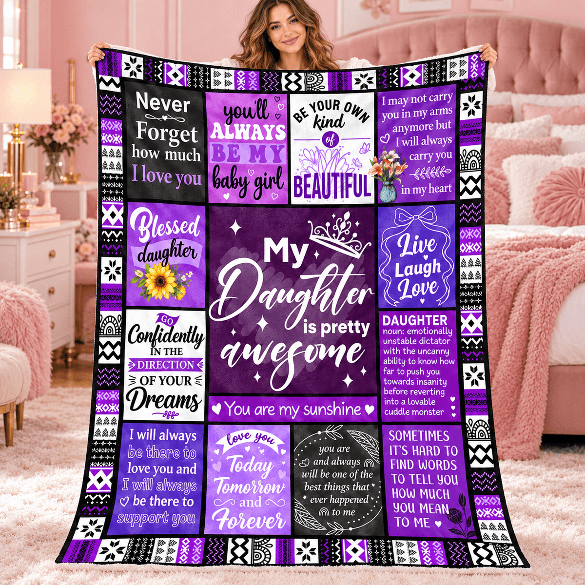 To My Daughter You're Pretty Awesome Blanket – Purple Patchwork Cozy Plush Fleece Gift from Mom or Dad