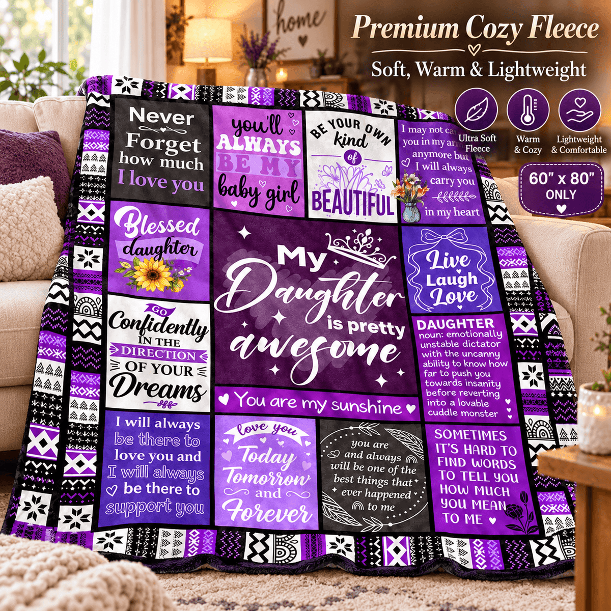 To My Daughter You're Pretty Awesome Blanket – Purple Patchwork Cozy Plush Fleece Gift from Mom or Dad