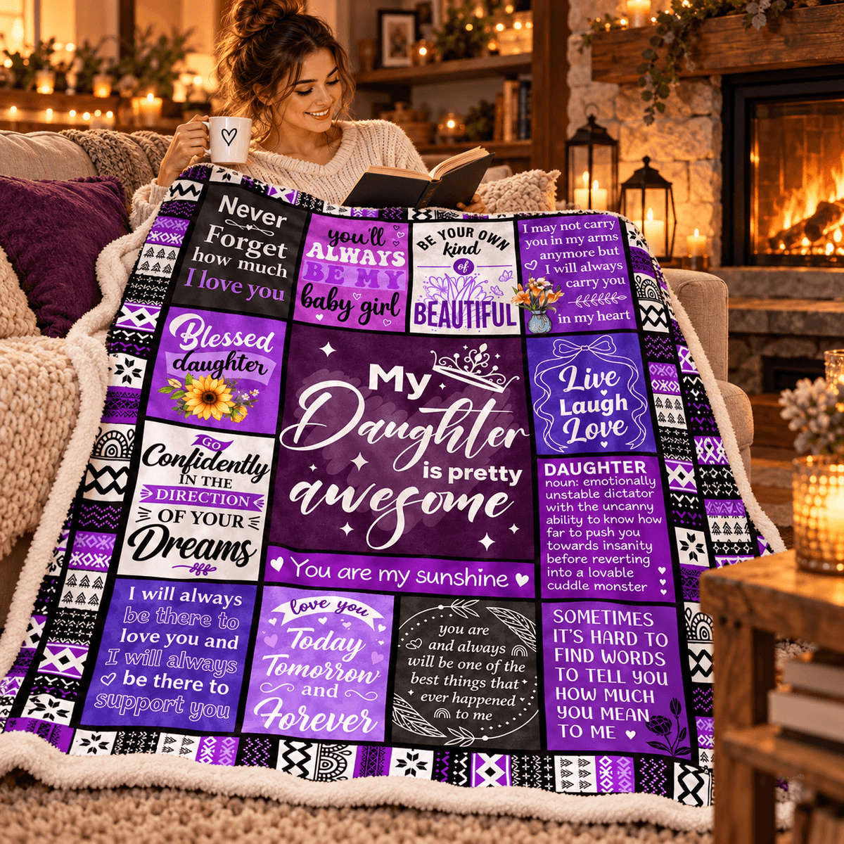 To My Daughter You're Pretty Awesome Blanket – Purple Patchwork Cozy Plush Fleece Gift from Mom or Dad