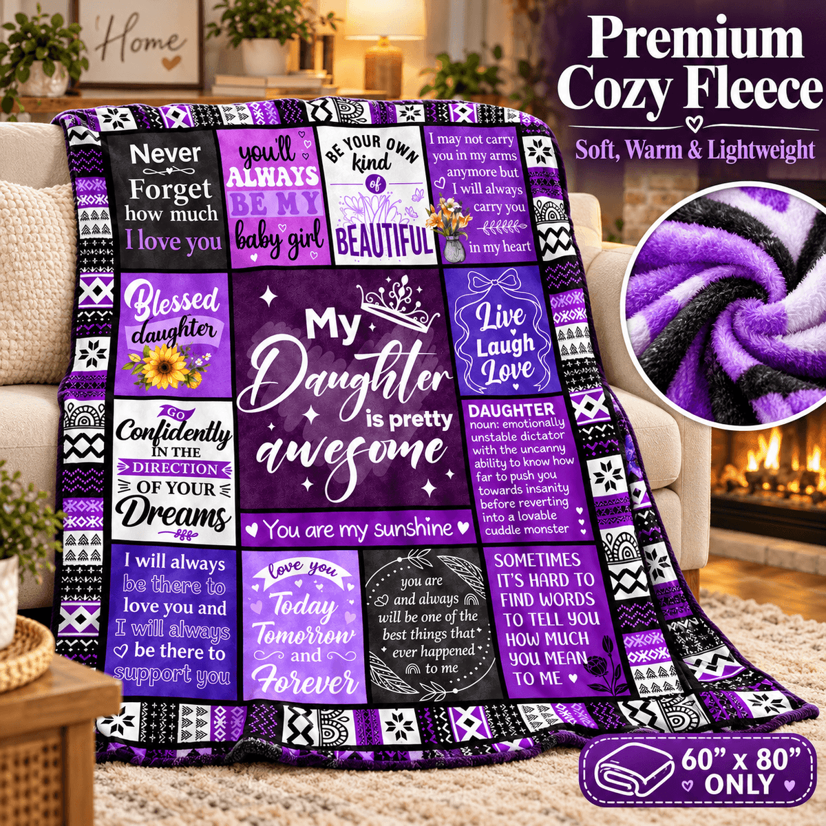 To My Daughter You're Pretty Awesome Blanket – Purple Patchwork Cozy Plush Fleece Gift from Mom or Dad