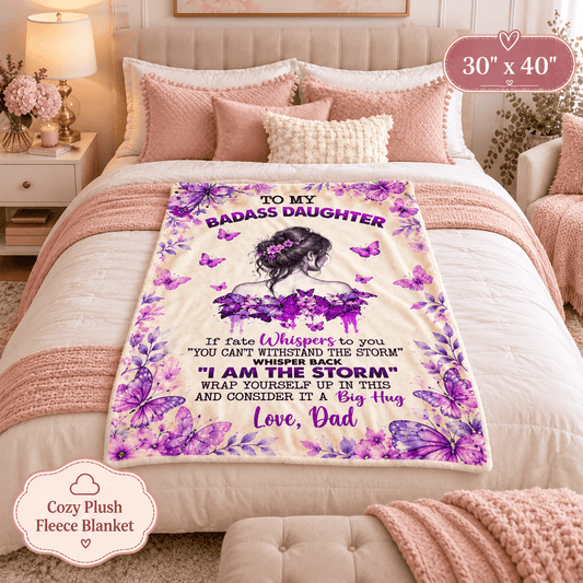 To My Badass Daughter I Am the Storm Blanket – Inspirational Purple Butterfly Cozy Plush Fleece Gift from Dad