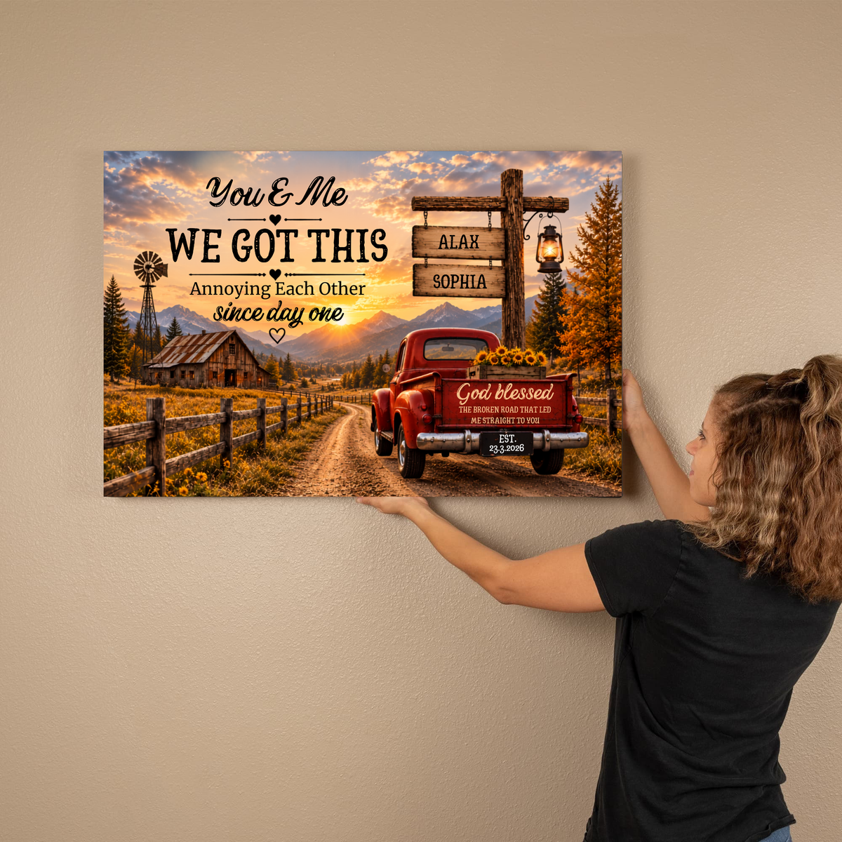 Personalized Couple Farmhouse Canvas | Custom Names & Date Rustic Truck Wall Art | Romantic Country Anniversary Gift for Couples