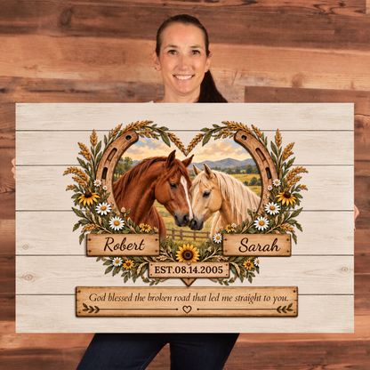(Almost Sold Out) Personalized Horse Couple Canvas | God Blessed the Broken Road Wall Art
