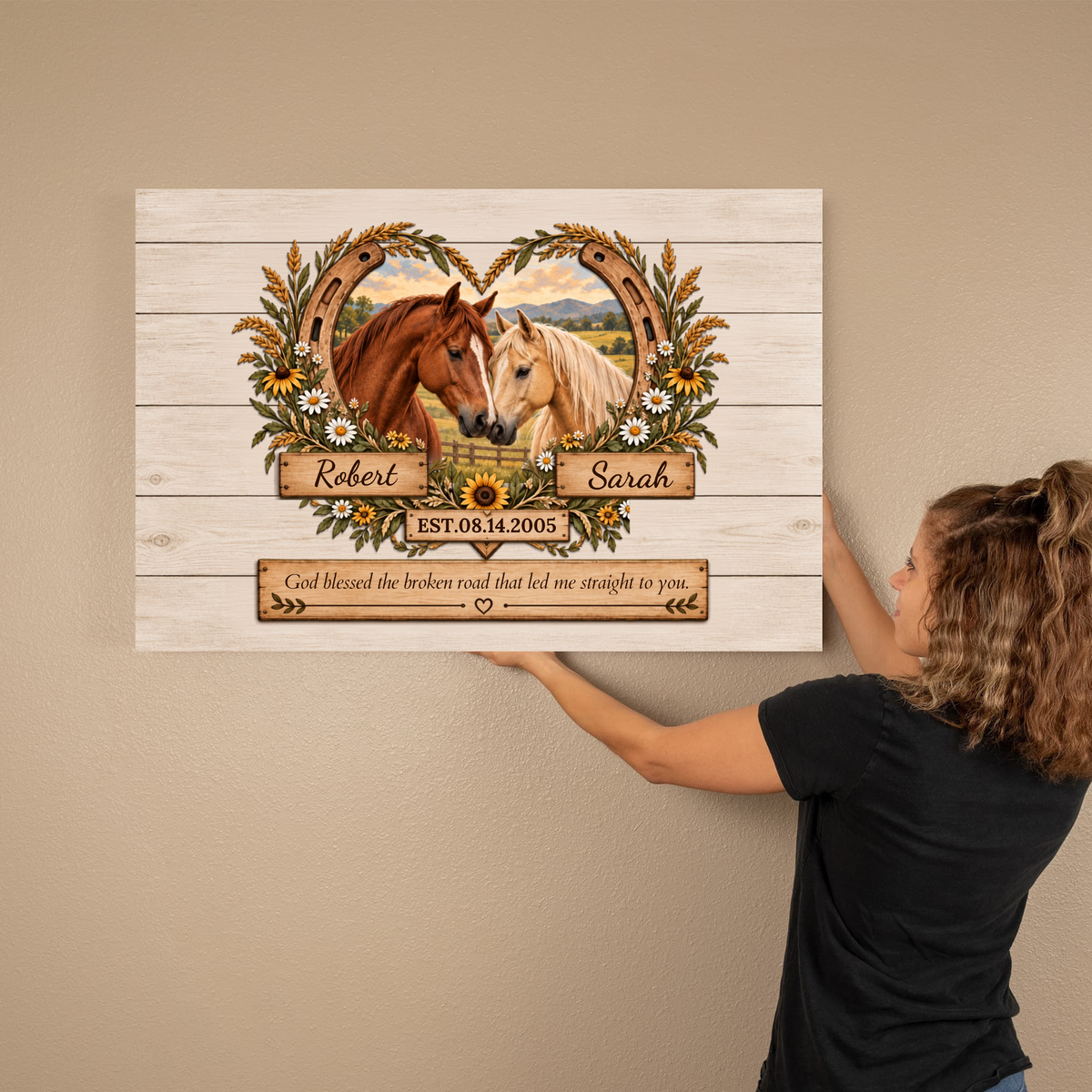 (Almost Sold Out) Personalized Horse Couple Canvas | God Blessed the Broken Road Wall Art