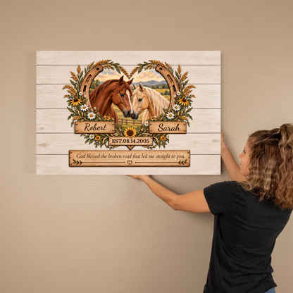 (Almost Sold Out) Personalized Horse Couple Canvas | God Blessed the Broken Road Wall Art