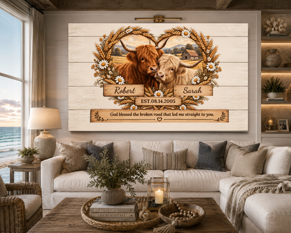 Personalized Highland Cow Couple Canvas | God Blessed the Broken Road Wall Art (Never Sold before)