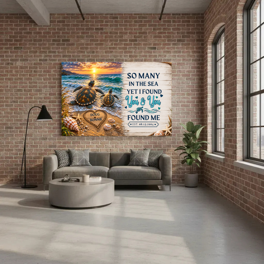Personalized Sea Turtle Couple Canvas | Custom Names & Date Beach Wall Art | Romantic Ocean Anniversary Gift for Couples