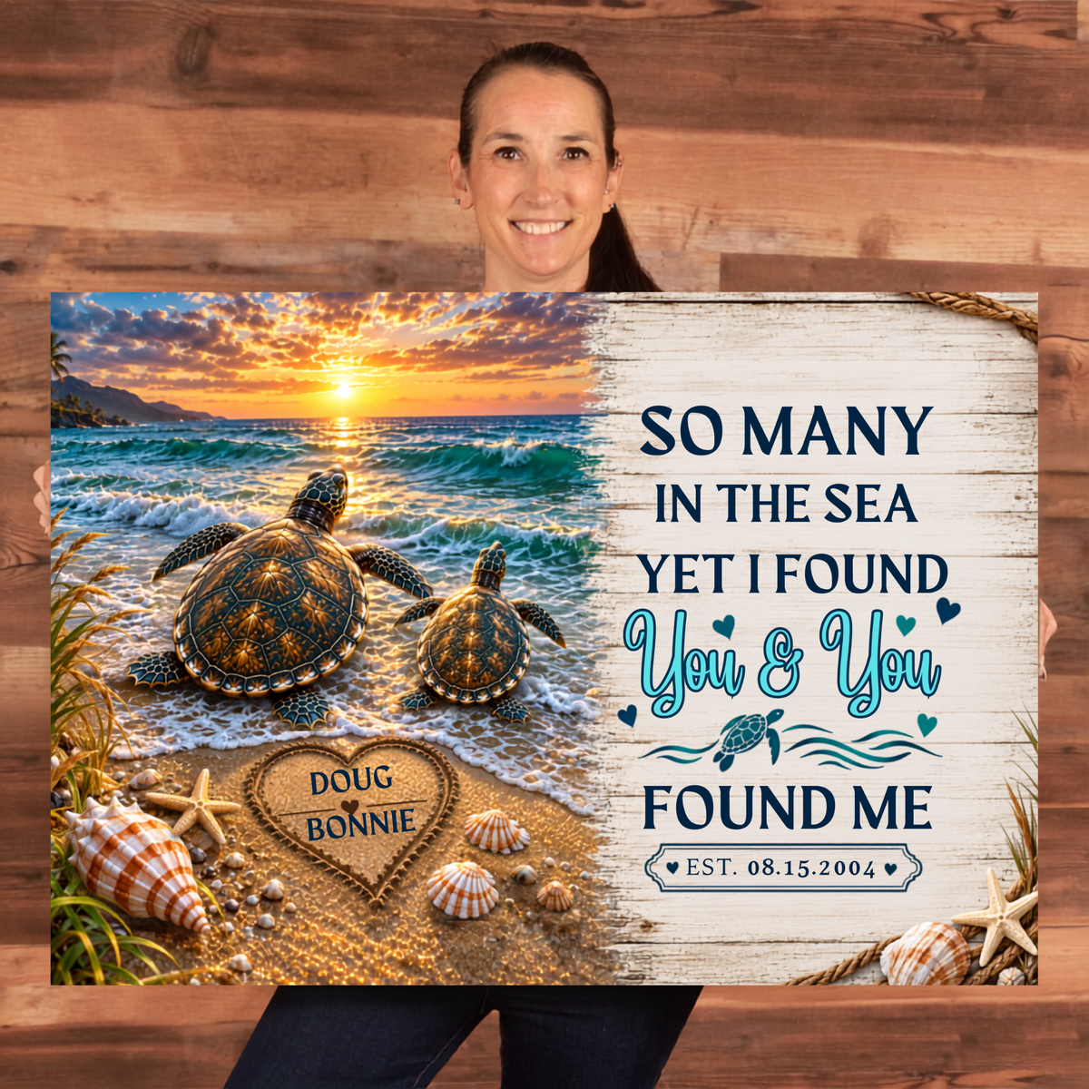 Personalized Sea Turtle Couple Canvas | Custom Names & Date Beach Wall Art | Romantic Ocean Anniversary Gift for Couples