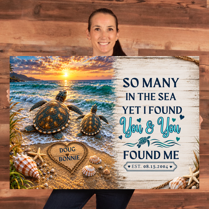 Personalized Sea Turtle Couple Canvas | Custom Names & Date Beach Wall Art | Romantic Ocean Anniversary Gift for Couples