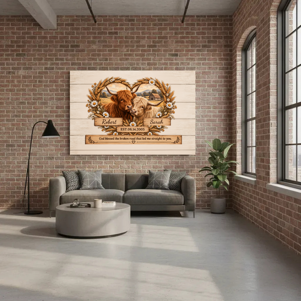 Personalized Highland Cow Couple Canvas | God Blessed the Broken Road Wall Art (Never Sold before)