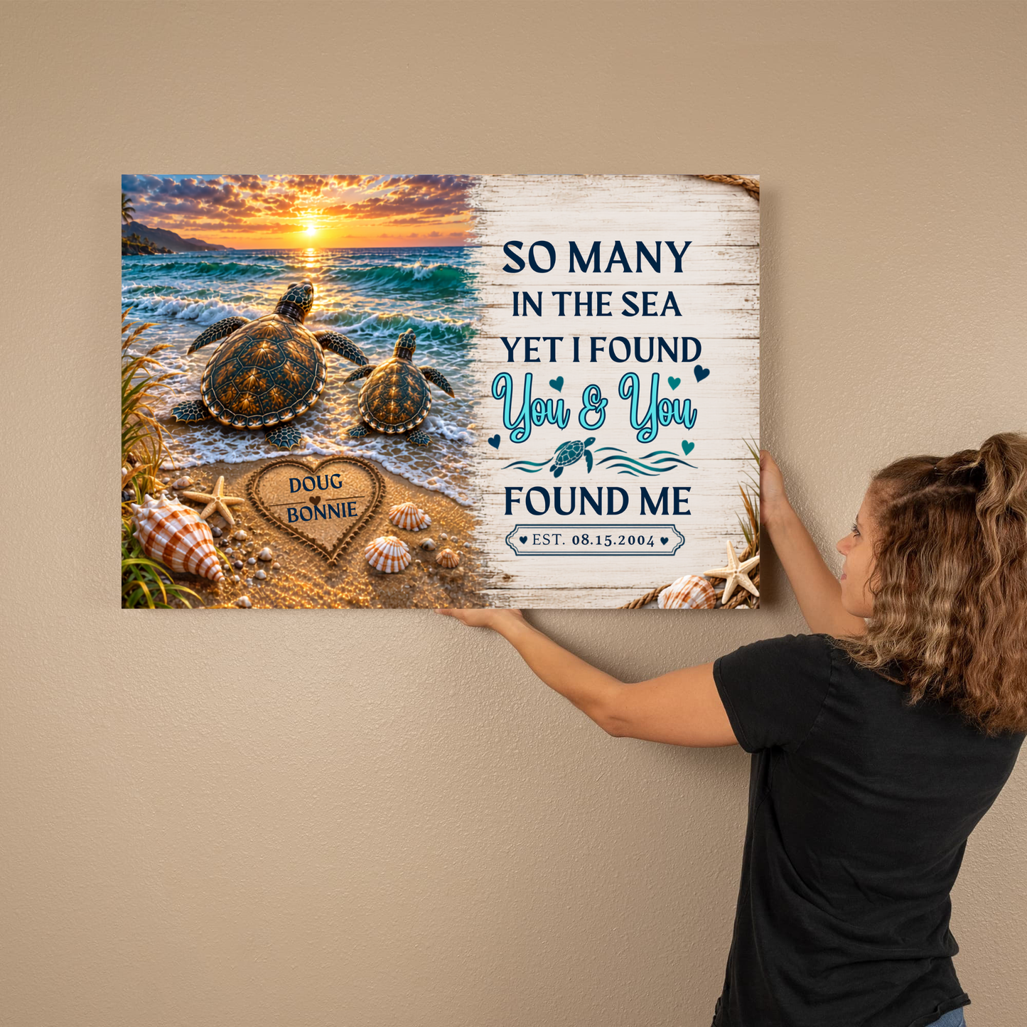 Personalized Sea Turtle Couple Canvas | Custom Names & Date Beach Wall Art | Romantic Ocean Anniversary Gift for Couples