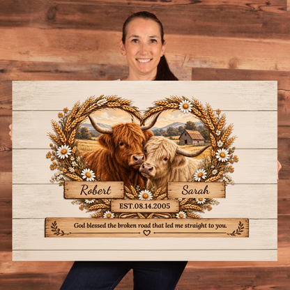 Personalized Highland Cow Couple Canvas | God Blessed the Broken Road Wall Art (Never Sold before)