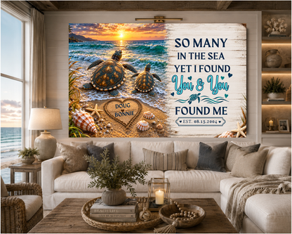 Personalized Sea Turtle Couple Canvas | Custom Names & Date Beach Wall Art | Romantic Ocean Anniversary Gift for Couples