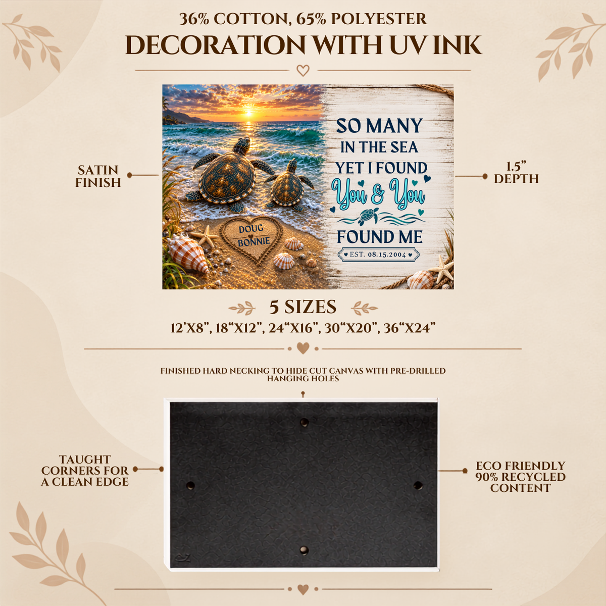 Personalized Sea Turtle Couple Canvas | Custom Names & Date Beach Wall Art | Romantic Ocean Anniversary Gift for Couples