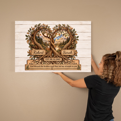 Personalized Tree of Life Couple Canvas | God Blessed the Broken Road Wall Art | Custom Names & Date Rustic Anniversary Gift