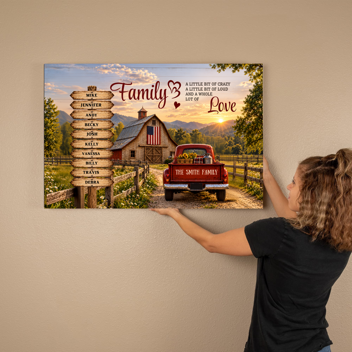 Personalized Family Farmhouse Canvas | Custom Family Names Rustic Red Truck Wall Art | Family Tree Country Home Decor Gift