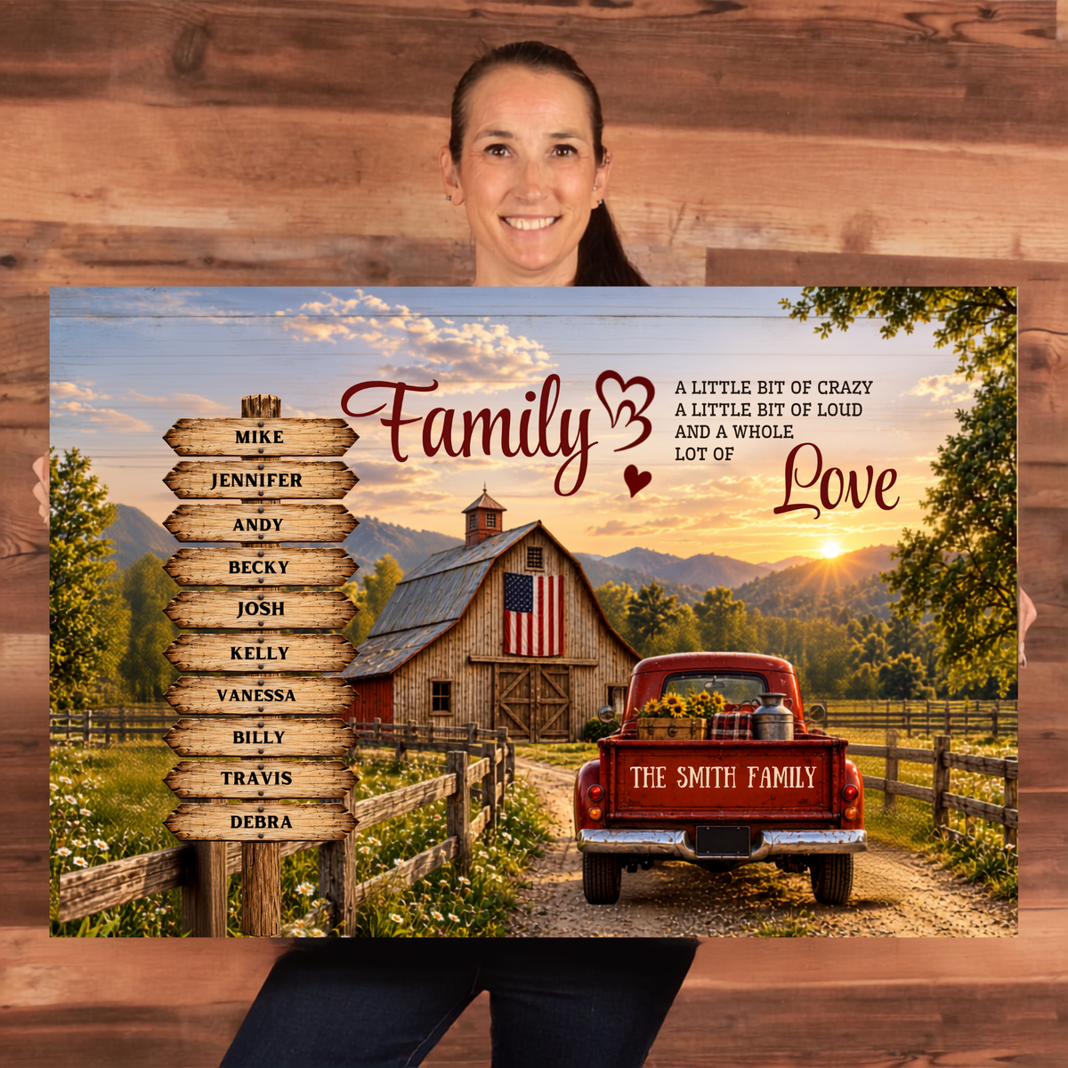 Personalized Family Farmhouse Canvas | Custom Family Names Rustic Red Truck Wall Art | Family Tree Country Home Decor Gift
