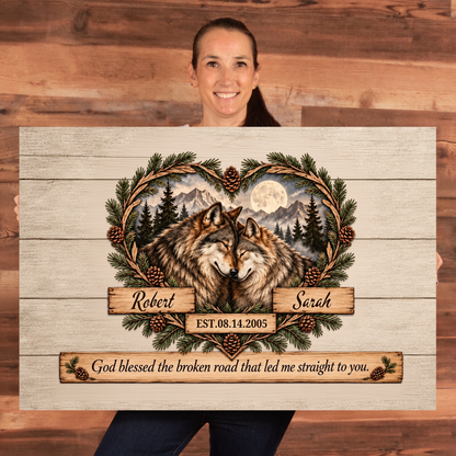 CANLA15 DPersonalized Wolf Couple Canvas | God Blessed the Broken Road Wall Art | Custom Names & Date Rustic Anniversary Gifteluxe Landscape Canvas 1.5in Frame