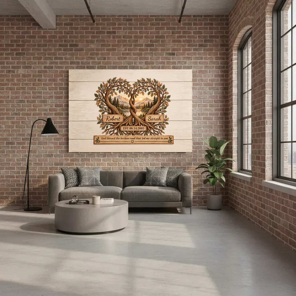 Personalized Tree of Life Couple Canvas | God Blessed the Broken Road Wall Art | Custom Names & Date Rustic Anniversary Gift