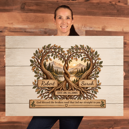 Personalized Tree of Life Couple Canvas | God Blessed the Broken Road Wall Art | Custom Names & Date Rustic Anniversary Gift