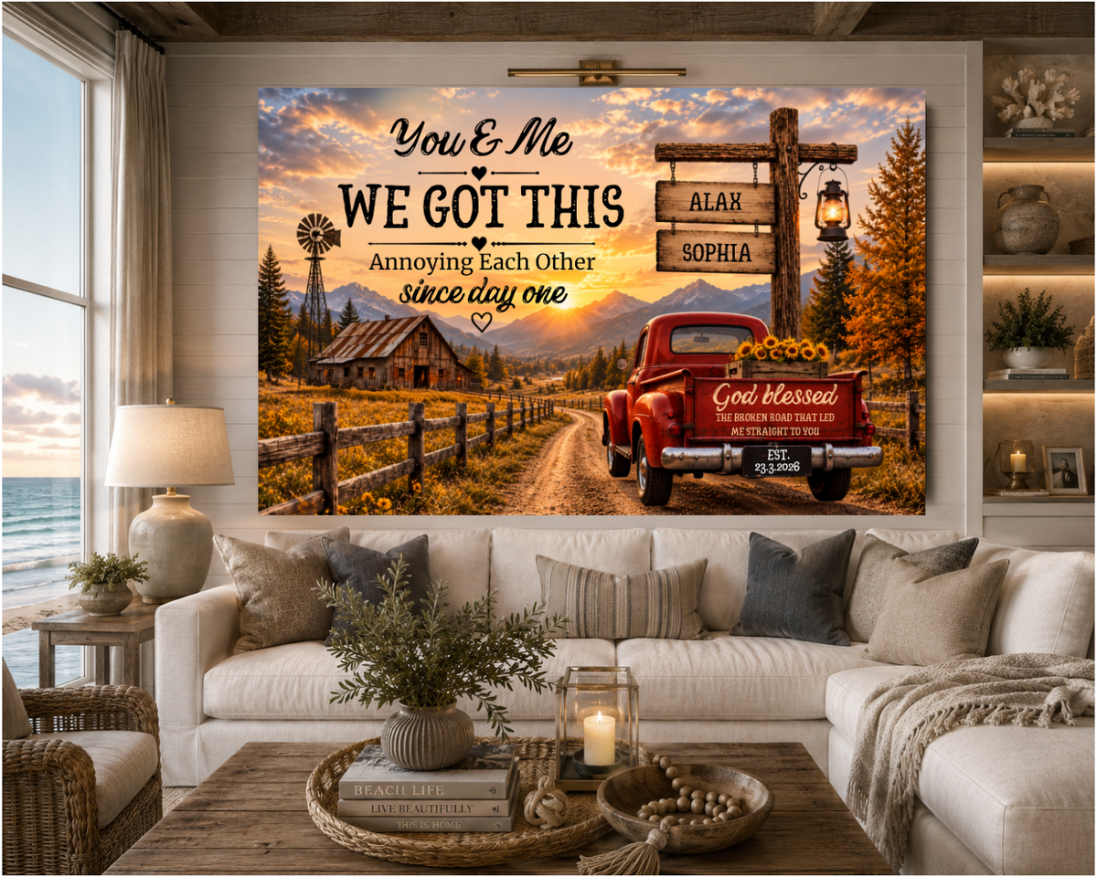 Personalized Couple Farmhouse Canvas | Custom Names & Date Rustic Truck Wall Art | Romantic Country Anniversary Gift for Couples