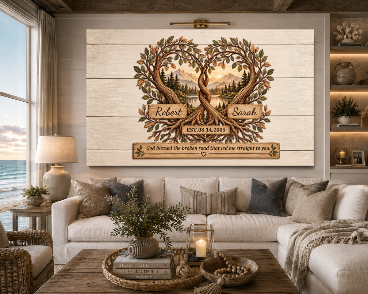 Personalized Tree of Life Couple Canvas | God Blessed the Broken Road Wall Art | Custom Names & Date Rustic Anniversary Gift