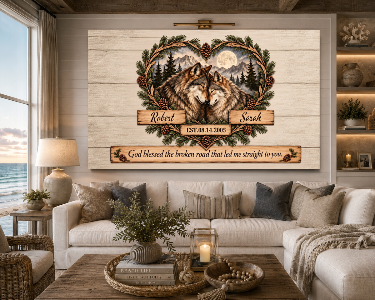 CANLA15 DPersonalized Wolf Couple Canvas | God Blessed the Broken Road Wall Art | Custom Names & Date Rustic Anniversary Gifteluxe Landscape Canvas 1.5in Frame