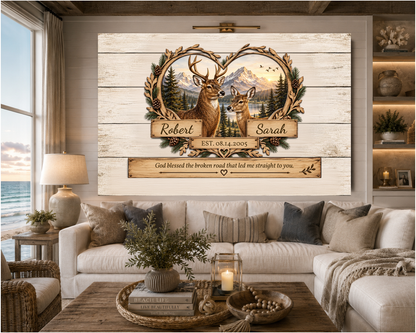 Personalized Deer Couple Canvas | Rustic Deer Wall Art with Custom Names & Date | Romantic Woodland Anniversary Gift for Couples
