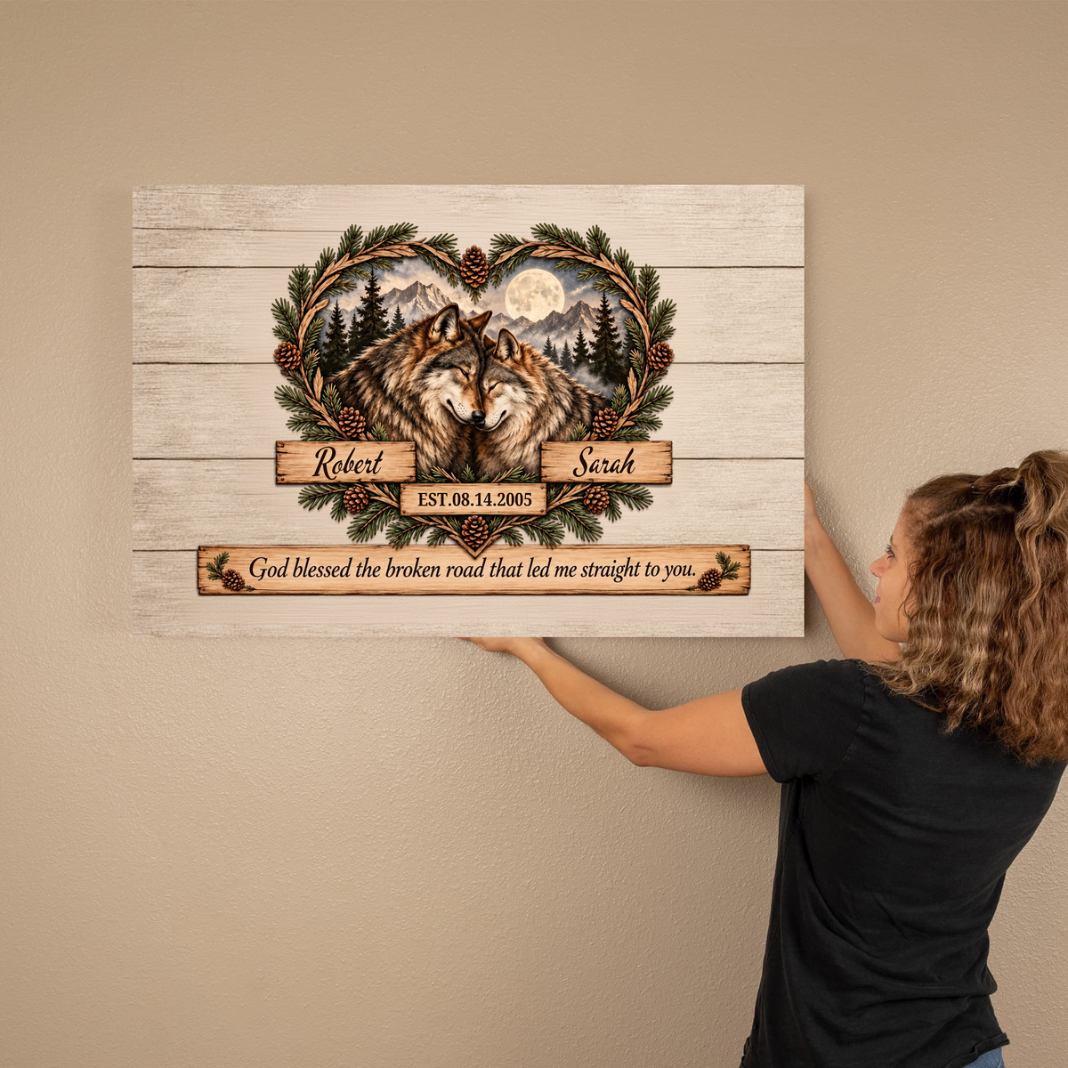 CANLA15 DPersonalized Wolf Couple Canvas | God Blessed the Broken Road Wall Art | Custom Names & Date Rustic Anniversary Gifteluxe Landscape Canvas 1.5in Frame