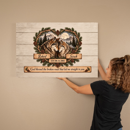 CANLA15 DPersonalized Wolf Couple Canvas | God Blessed the Broken Road Wall Art | Custom Names & Date Rustic Anniversary Gifteluxe Landscape Canvas 1.5in Frame