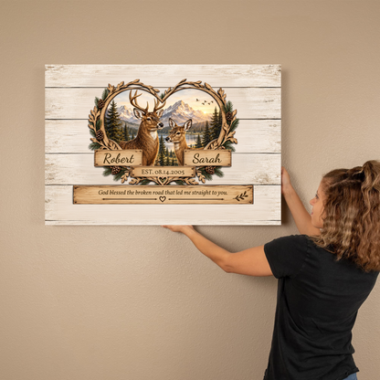 Personalized Deer Couple Canvas | Rustic Deer Wall Art with Custom Names & Date | Romantic Woodland Anniversary Gift for Couples
