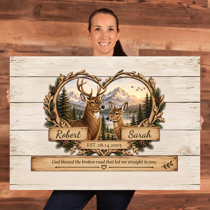 Personalized Deer Couple Canvas | Rustic Deer Wall Art with Custom Names & Date | Romantic Woodland Anniversary Gift for Couples