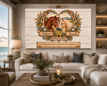 (Almost Sold Out) Personalized Horse Couple Canvas | God Blessed the Broken Road Wall Art