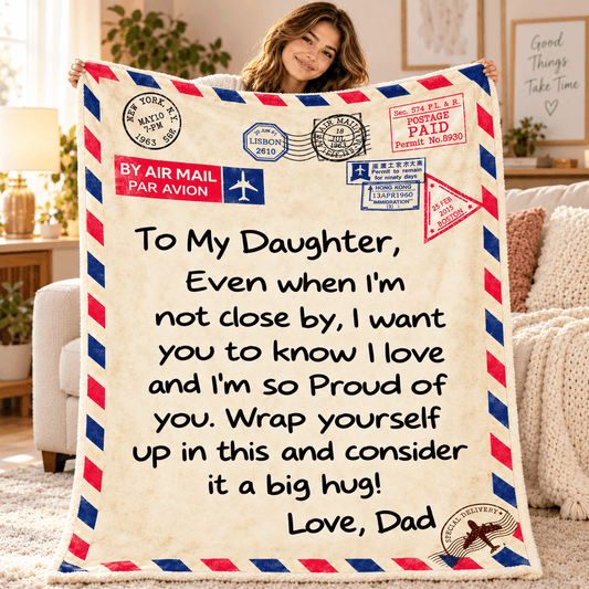 To My Daughter Big Hug From Dad Blanket – Vintage Airmail Love Letter Cozy Plush Fleece Gift – 60" × 80"