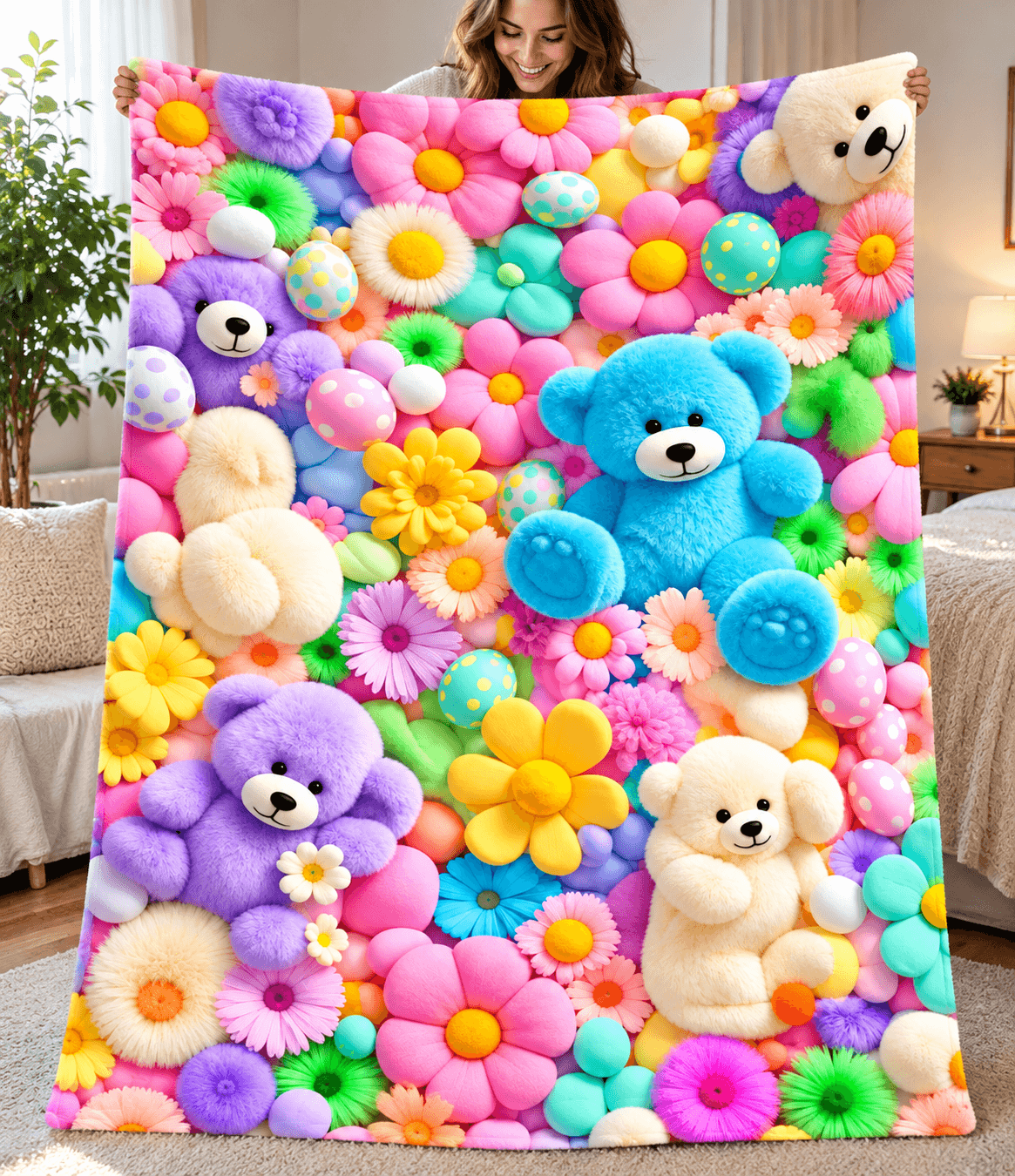 A person holds up a large blanket or throw featuring a colorful, playful pattern of 3D-effect fluffy teddy bears and bright flowers in pink, blue, yellow, purple, green, and orange, set against a cozy bedroom background.