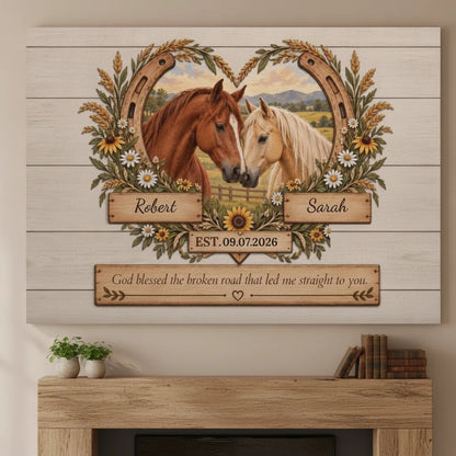 (Almost Sold Out) Personalized Horse Couple Canvas | God Blessed the Broken Road Wall Art