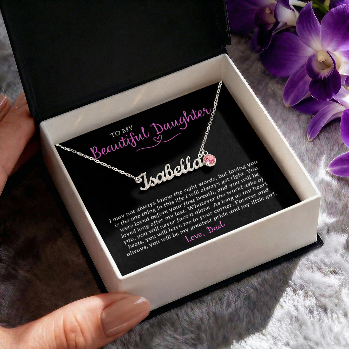 "To My Beautiful Daughter - Forever My Greatest Pride - Personalized Name Necklace with Birthstone - The Most Meaningful Keepsake Gift From Loving Dad"