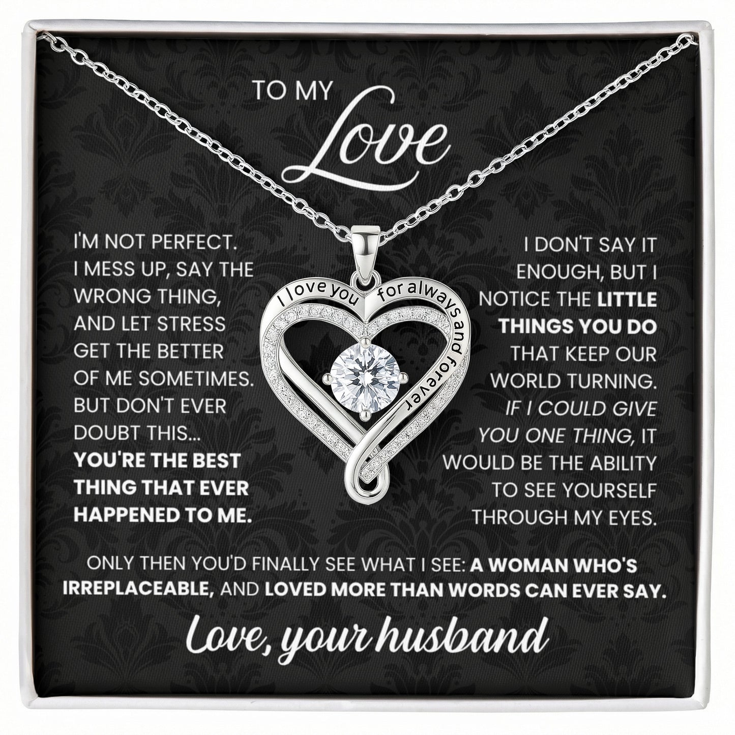 Engraved Heart Necklace with Wooden Box with LED Light