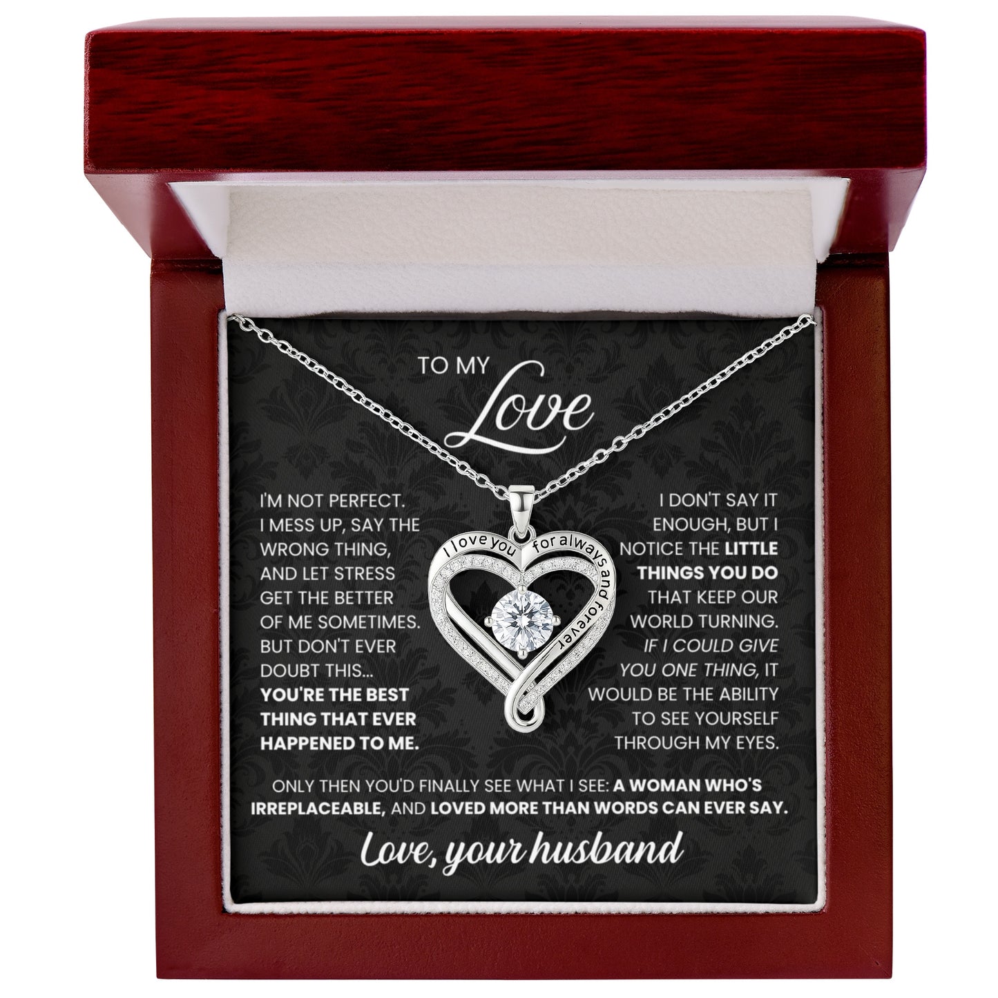 Engraved Heart Necklace with Wooden Box with LED Light