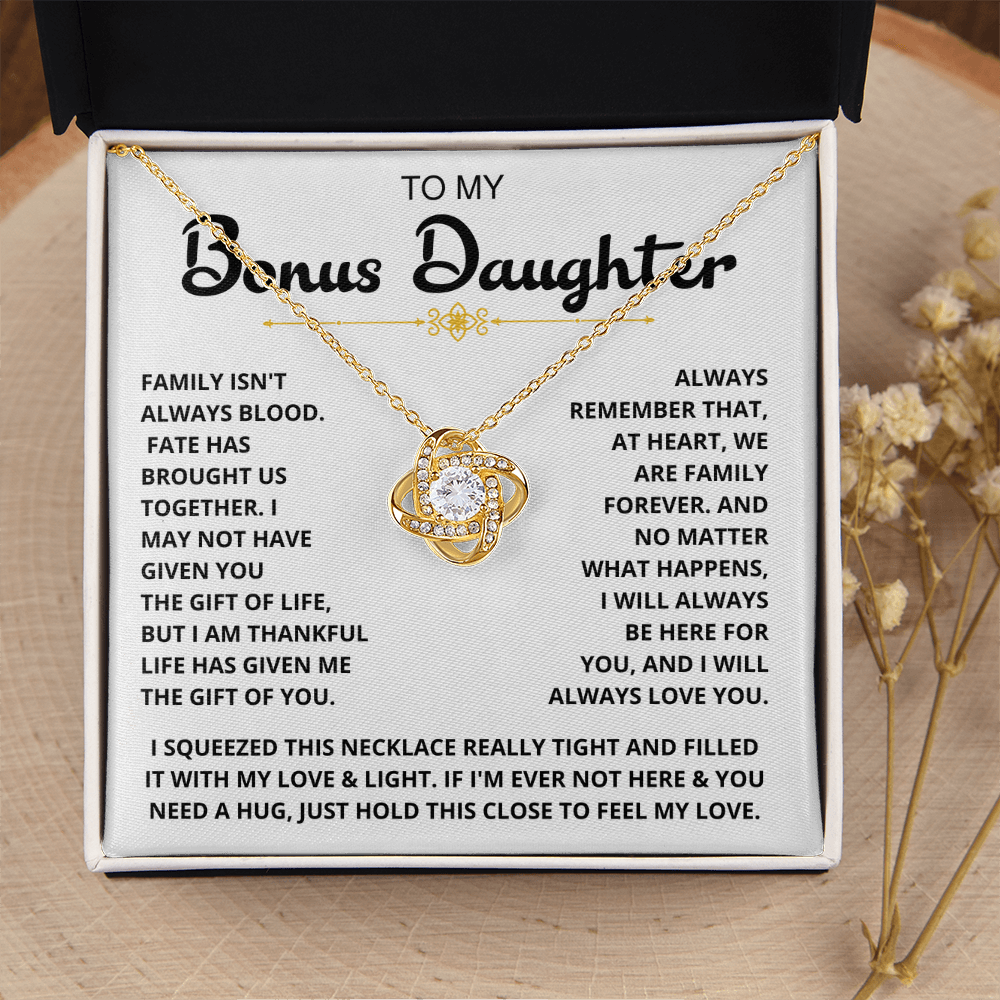 To My Bonus Daughter - "My Family Forever" Love Knot Necklace Gift Set - CFG06