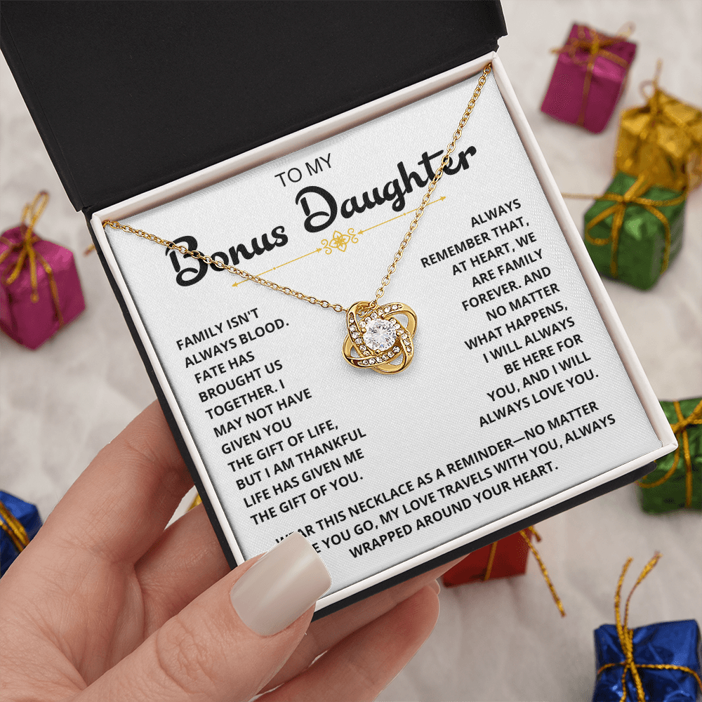 To My Bonus Daughter - "My Family Forever" Love Knot Necklace Gift Set - CFG07