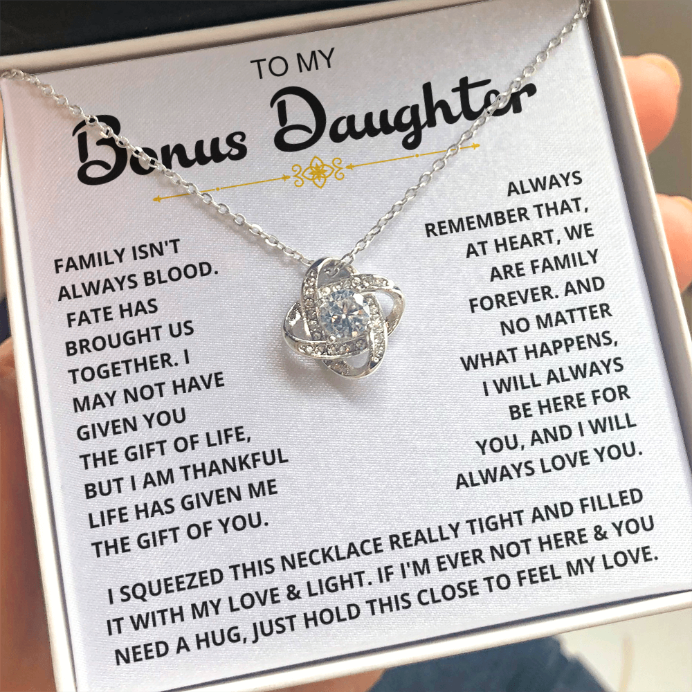 To My Bonus Daughter - "My Family Forever" Love Knot Necklace Gift Set - CFG06