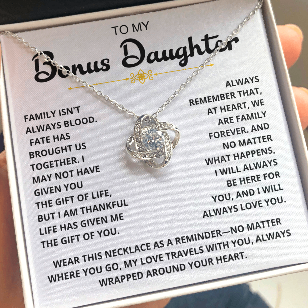To My Bonus Daughter - "My Family Forever" Love Knot Necklace Gift Set - CFG07