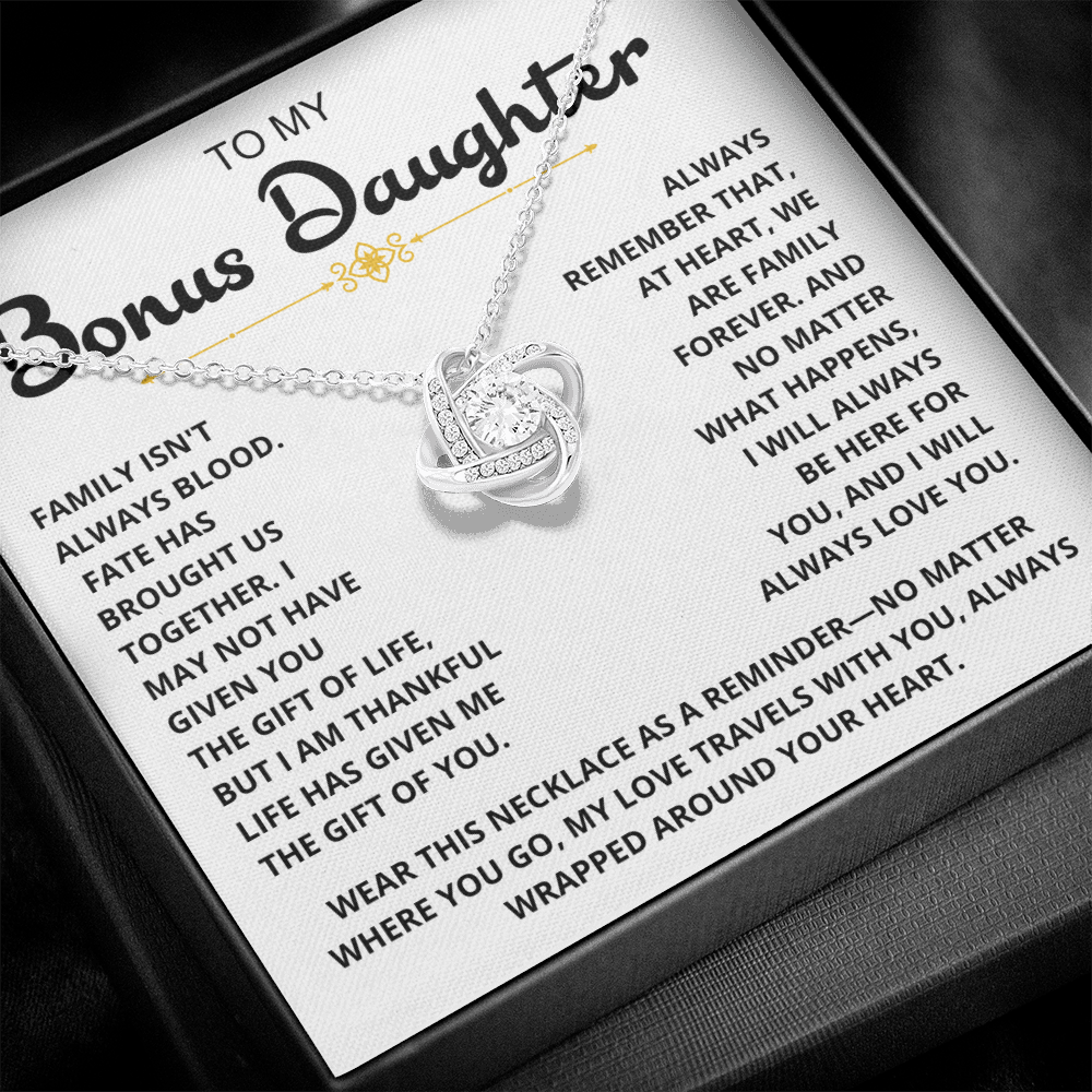 To My Bonus Daughter - "My Family Forever" Love Knot Necklace Gift Set - CFG07