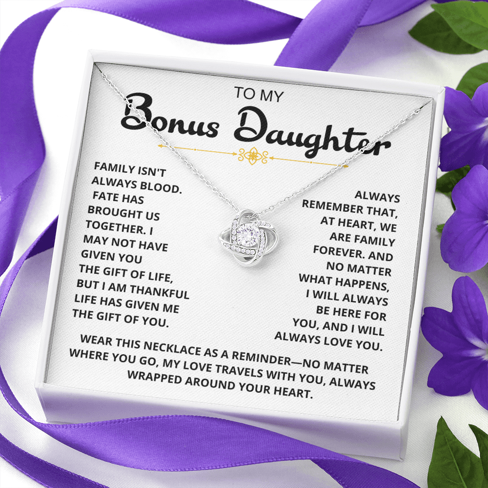 To My Bonus Daughter - "My Family Forever" Love Knot Necklace Gift Set - CFG07